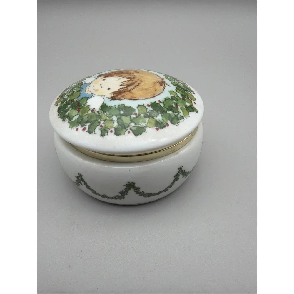 Vintage 1990 Enesco Krinka Boy Angel Round Hinged  Porcelain Trinket Box